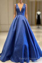 Deep V-Neck Long Satin Bow Back Prom Dress Floor Length Prom Gowns