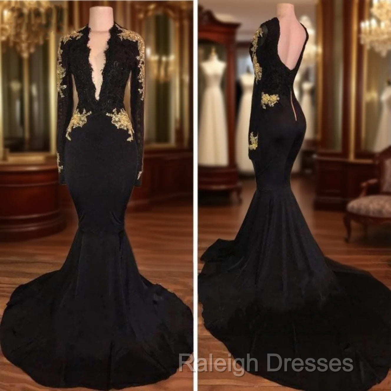 Deep V-Neck Long Sleeves Black Gold Prom Dress