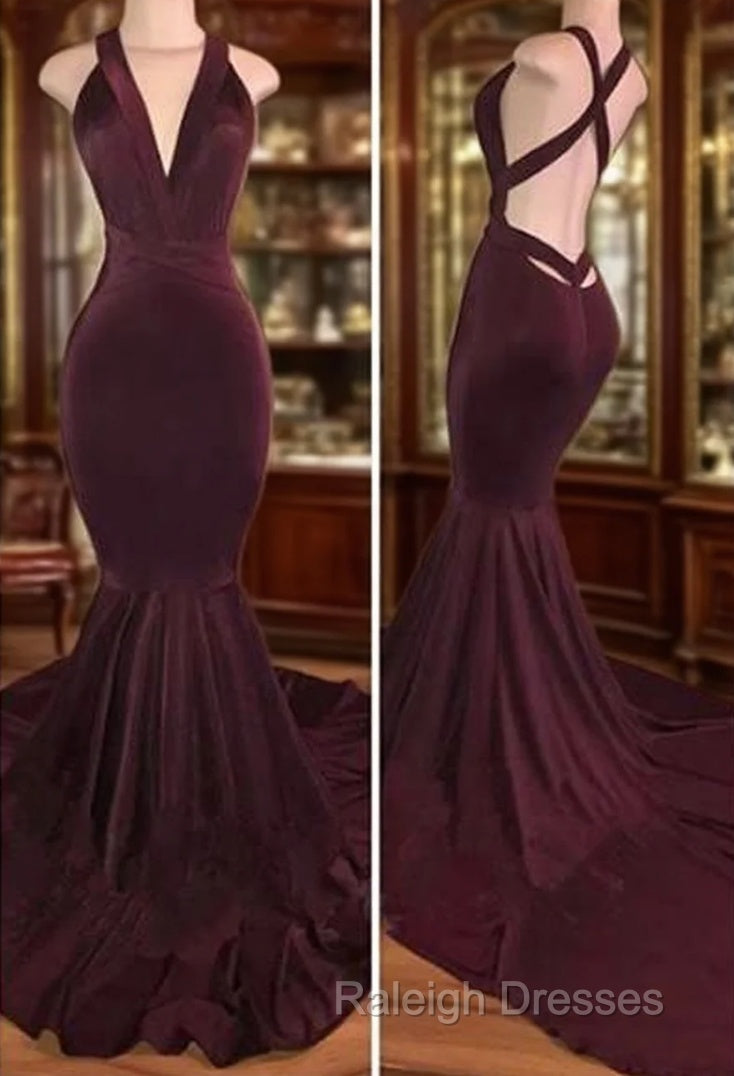Sexy Deep V Neck Mermaid Velvet Burgundy Prom Dresses Main image