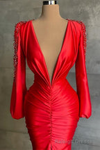 Sexy Deep V Neck Red Long Sleeves Prom Dress Mermaid