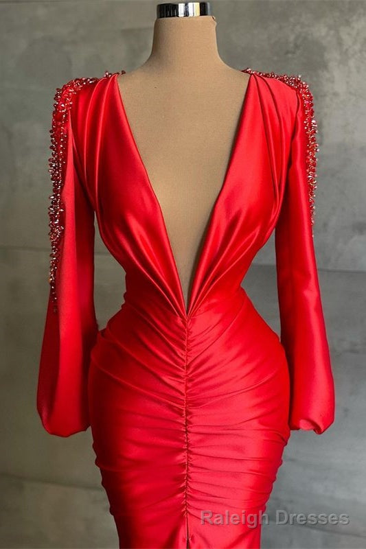 Sexy Deep V Neck Red Long Sleeves Prom Dress Mermaid