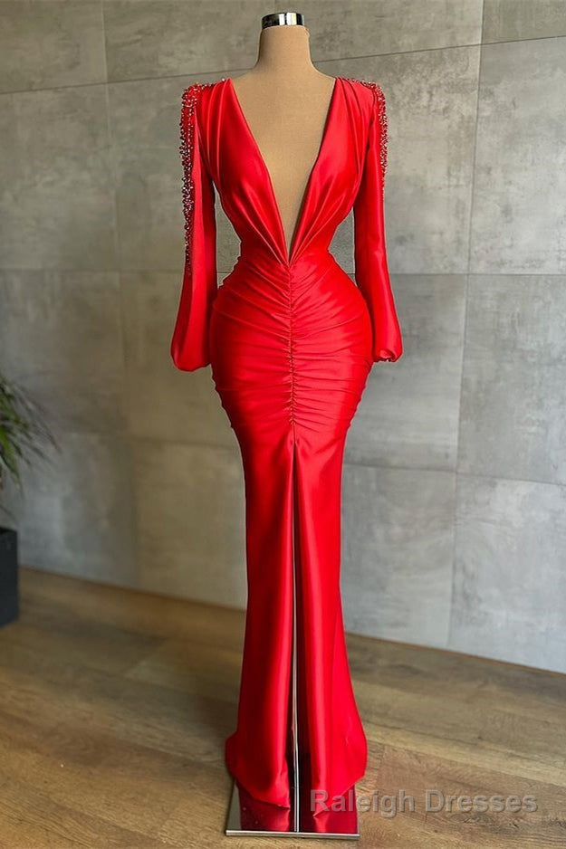 Sexy Deep V Neck Red Long Sleeves Prom Dress Mermaid