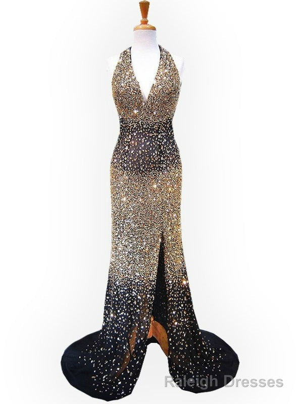 Sexy Evening Gown Halter Deep V-neck Backless Beaidng Crystal Formal Gowns Main image