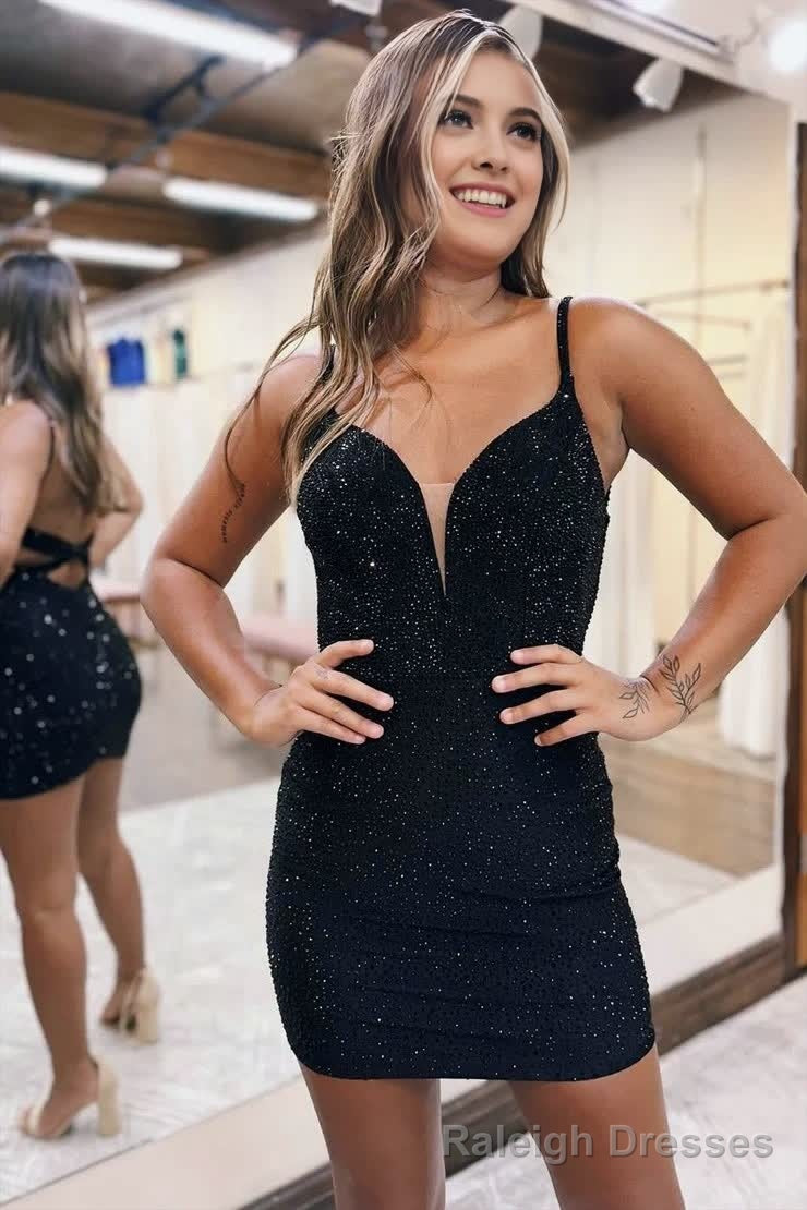 Sexy Fitted V-Neck Spaghetti Straps Fully Beaded Homecoming Dress Main image