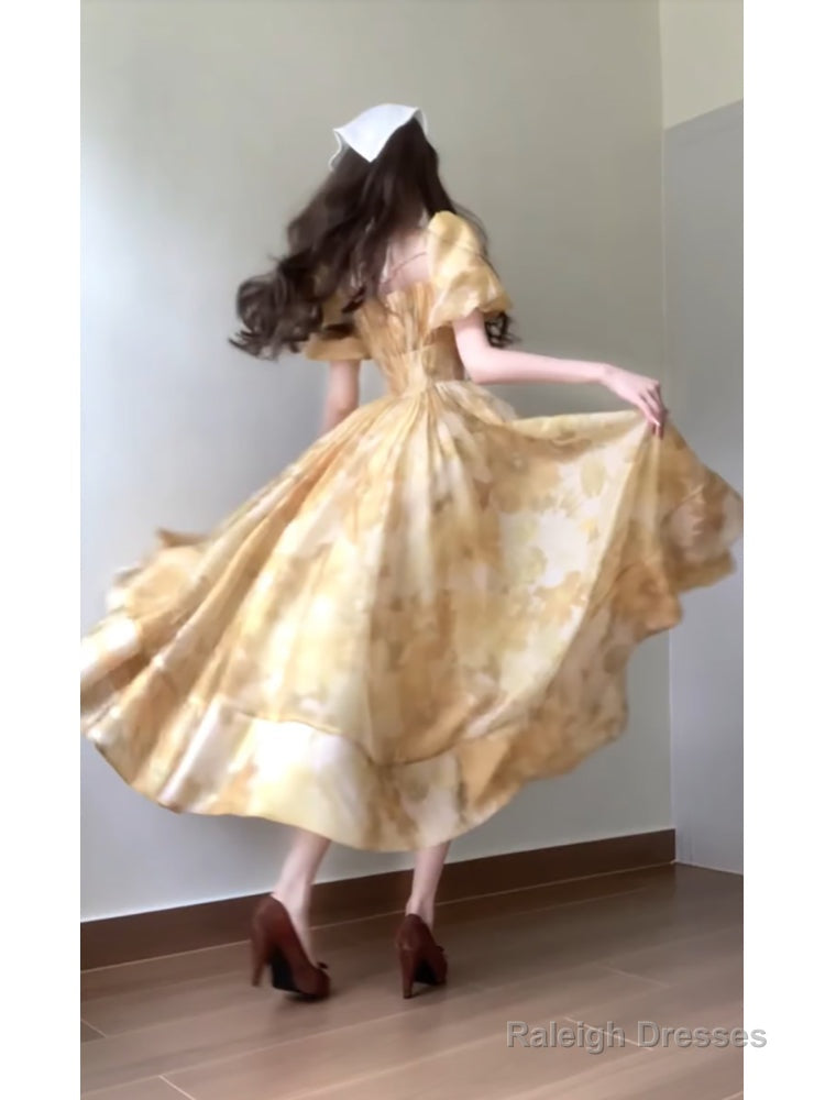 Sexy French A Line Square Neckline Yellow Holiday Dress Floral Birthday Dresses Birthday Outfits