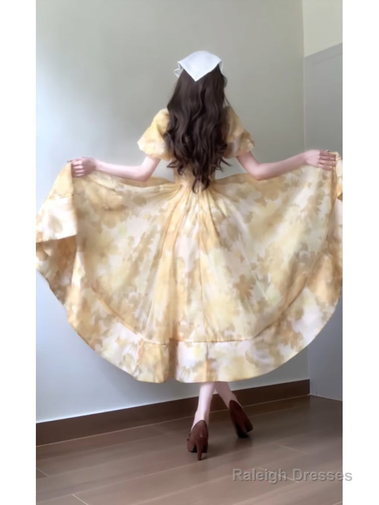 Sexy French A Line Square Neckline Yellow Holiday Dress Floral Birthday Dresses Birthday Outfits