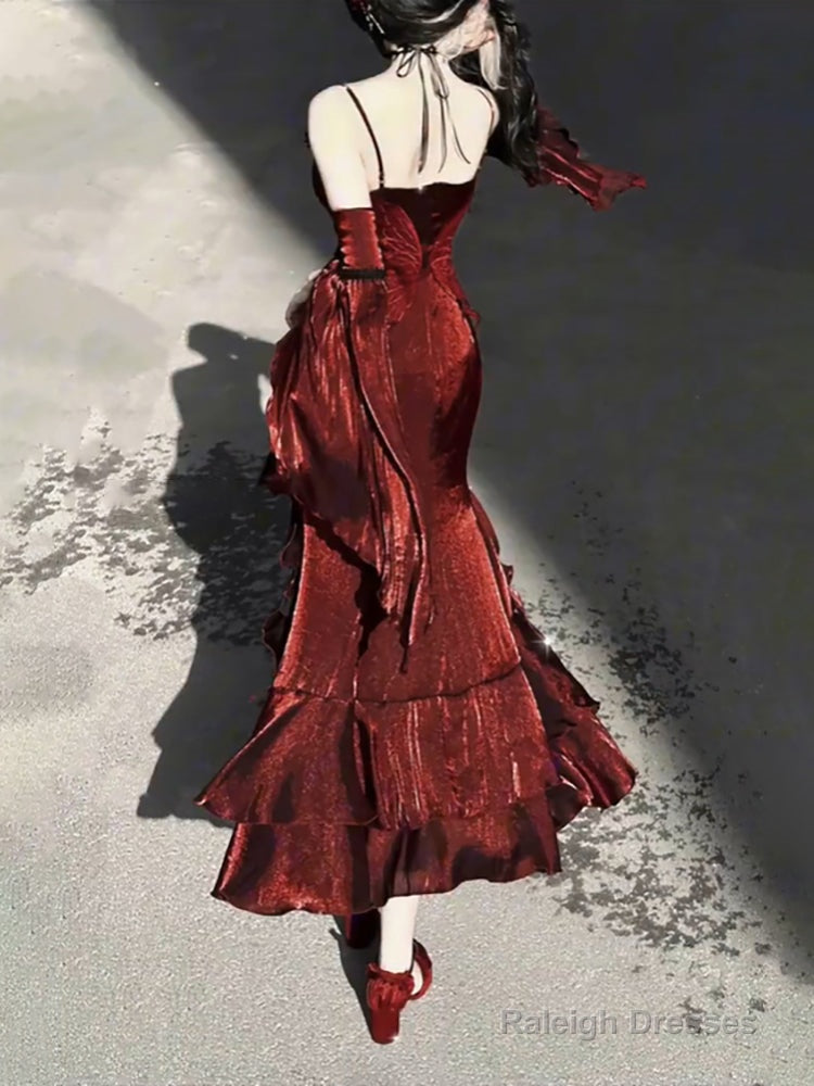 Sexy French High Low Spaghetti Straps Christmas Dress Burgundy Birthday Dresses Birthday Outfits