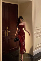 French Mermaid Spaghetti Straps Burgundy Prom Dress Birthday Outfits Prom Gowns