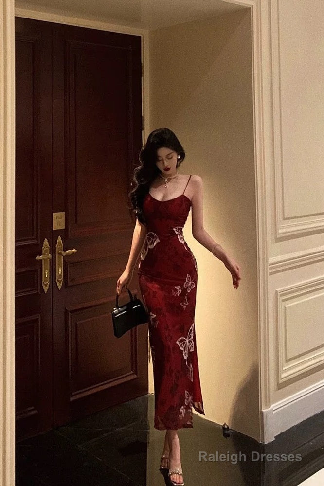 French Mermaid Spaghetti Straps Burgundy Prom Dress Birthday Outfits Prom Gowns