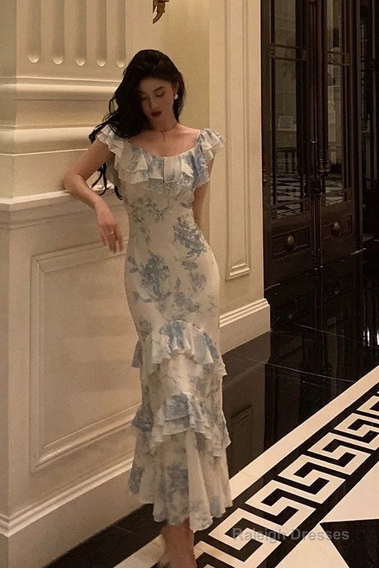 Sexy French Sheath Blue Floral Ruffles Prom Dresses Birthday Outfits Evening Gown Secondary image