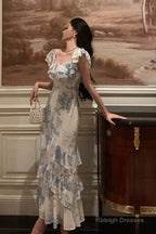 Sexy French Sheath Blue Floral Ruffles Prom Dresses Birthday Outfits Evening Gown