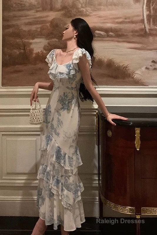 Sexy French Sheath Blue Floral Ruffles Prom Dresses Birthday Outfits Evening Gown