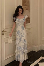 Sexy French Sheath Blue Floral Ruffles Prom Dresses Birthday Outfits Evening Gown