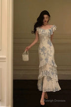 Sexy French Sheath Blue Floral Ruffles Prom Dresses Birthday Outfits Evening Gown