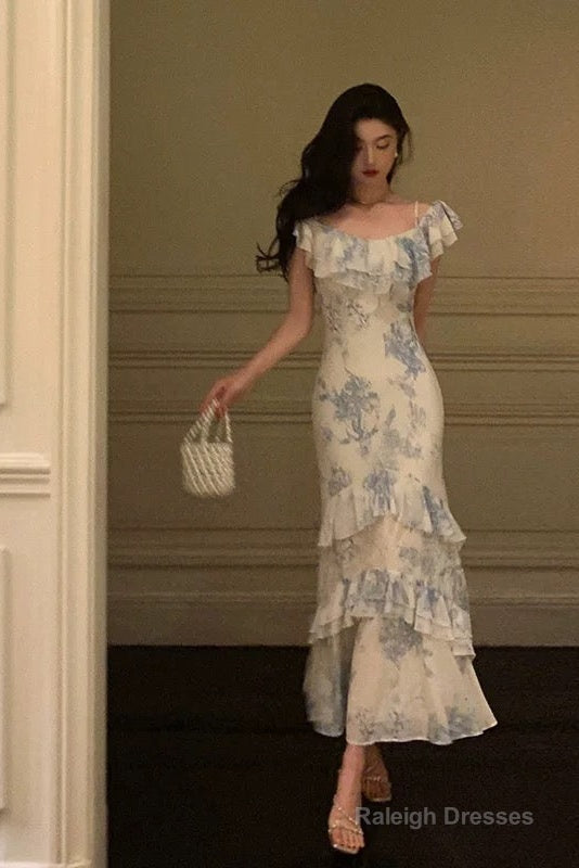 Sexy French Sheath Blue Floral Ruffles Prom Dresses Birthday Outfits Evening Gown