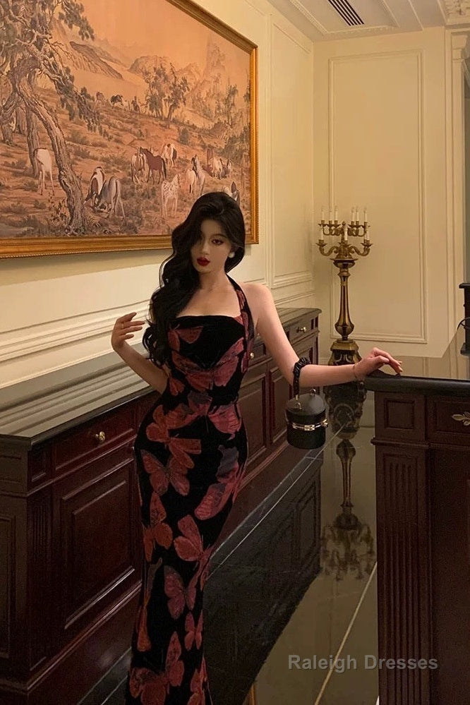 Sexy French Sheath Halter Floral Prom Dresses Birthday Outfits Evening Gown