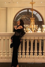French Sheath Off The Shoulder Black Lace Prom Dress Birthday Outfits Prom Gowns