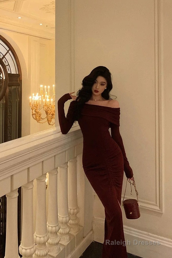 Sexy French Sheath Off The Shoulder Burgundy Split Prom Dresses Birthday Outfits Evening Gown