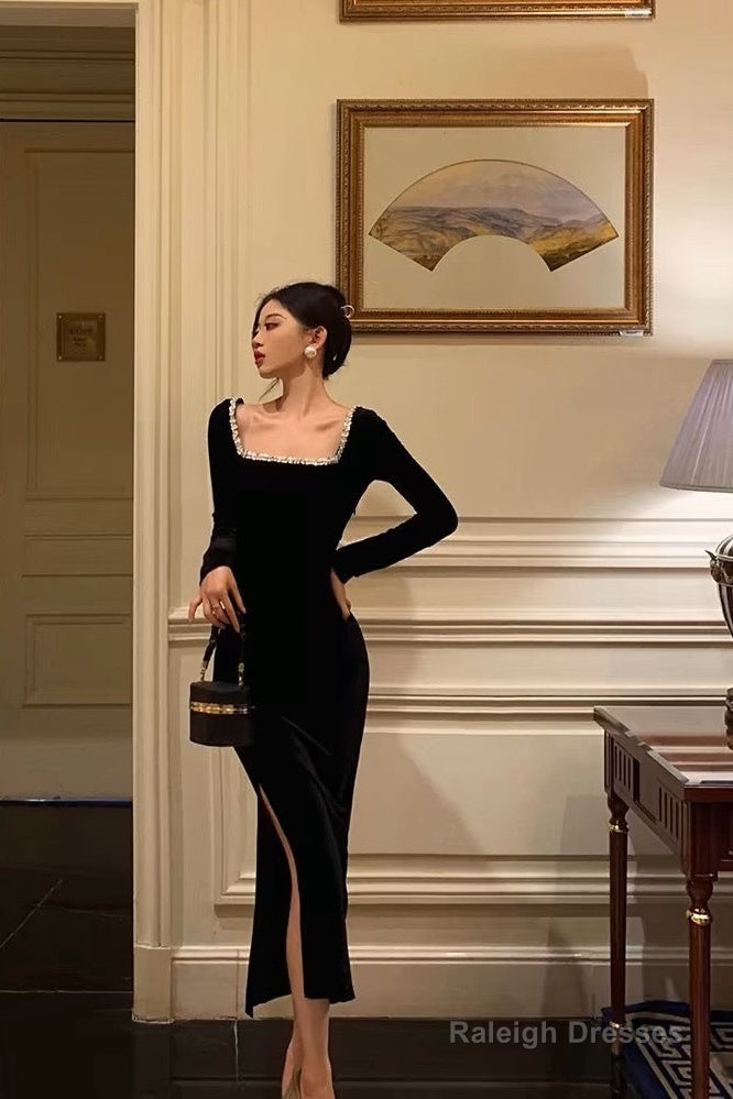 Sexy French Sheath Square Neckline Black Prom Dresses Birthday Outfits Evening Gown