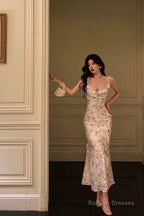 Sexy French Sheath Square Neckline Floral Pink Prom Dresses Birthday Outfits Evening Gown