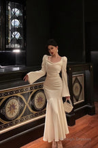 Sexy French Sheath Square Neckline Ivory Long Sleeves Prom Dresses Birthday Outfits Evening Gown