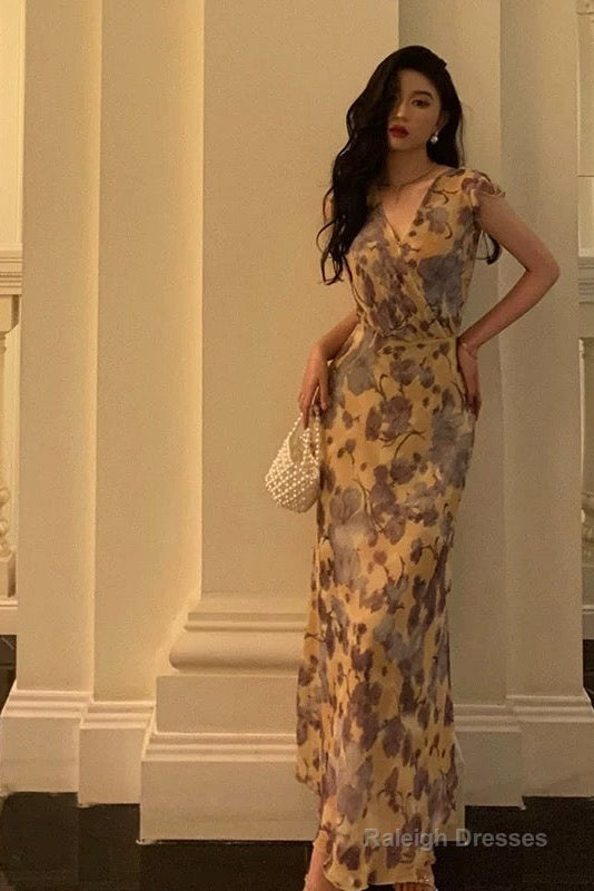 Sexy French Sheath V Neckline Floral Long Prom Dresses Birthday Outfits Evening Gown