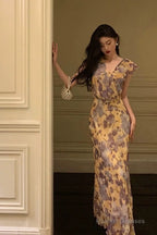 Sexy French Sheath V Neckline Floral Long Prom Dresses Birthday Outfits Evening Gown