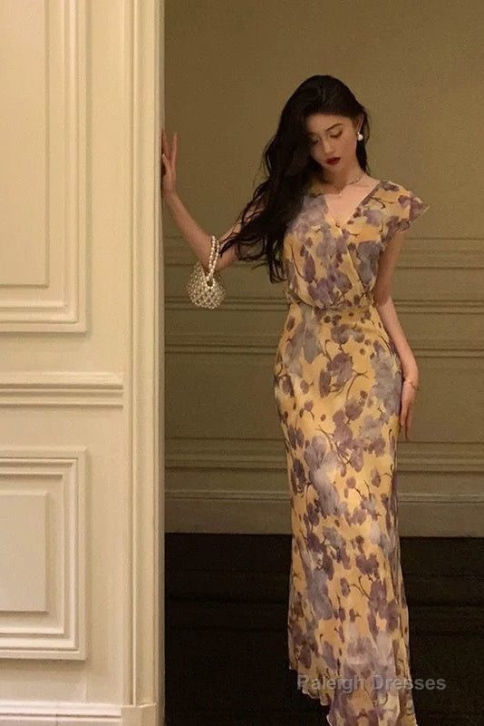 Sexy French Sheath V Neckline Floral Long Prom Dresses Birthday Outfits Evening Gown