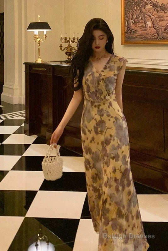 Sexy French Sheath V Neckline Floral Long Prom Dresses Birthday Outfits Evening Gown