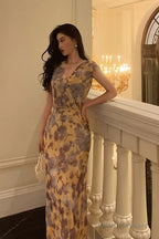 Sexy French Sheath V Neckline Floral Long Prom Dresses Birthday Outfits Evening Gown