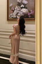 Sexy French Sheath V Neckline Long Pink Prom Dresses Birthday Outfits Evening Gown