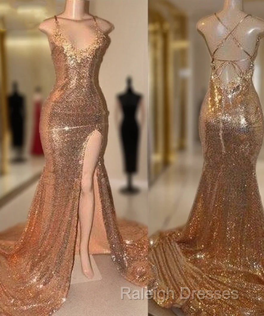 Gold Sequin Spaghetti-Straps Slit Prom Dress