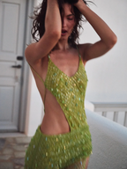 Green Sheath Spaghetti Strap Beaded Tulle Prom Dresses Prom Dresses With Slit