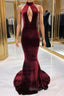 Sexy Halter Burgundy Winter Wedding Guest Dresses Velvet Prom Dresses Sleeveless