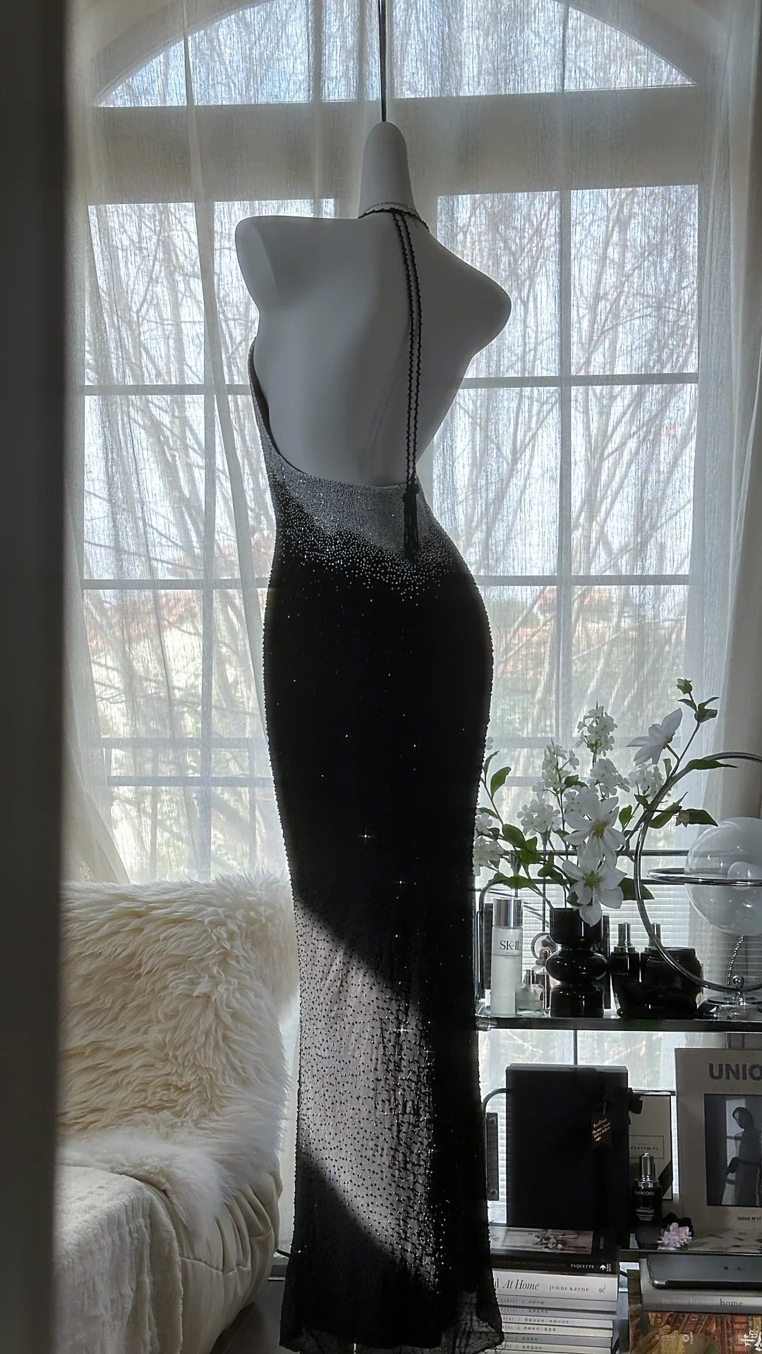 Sexy Halter Neck Backless Beaded Chiffon Black Mermaid Evening Gown Prom Dress