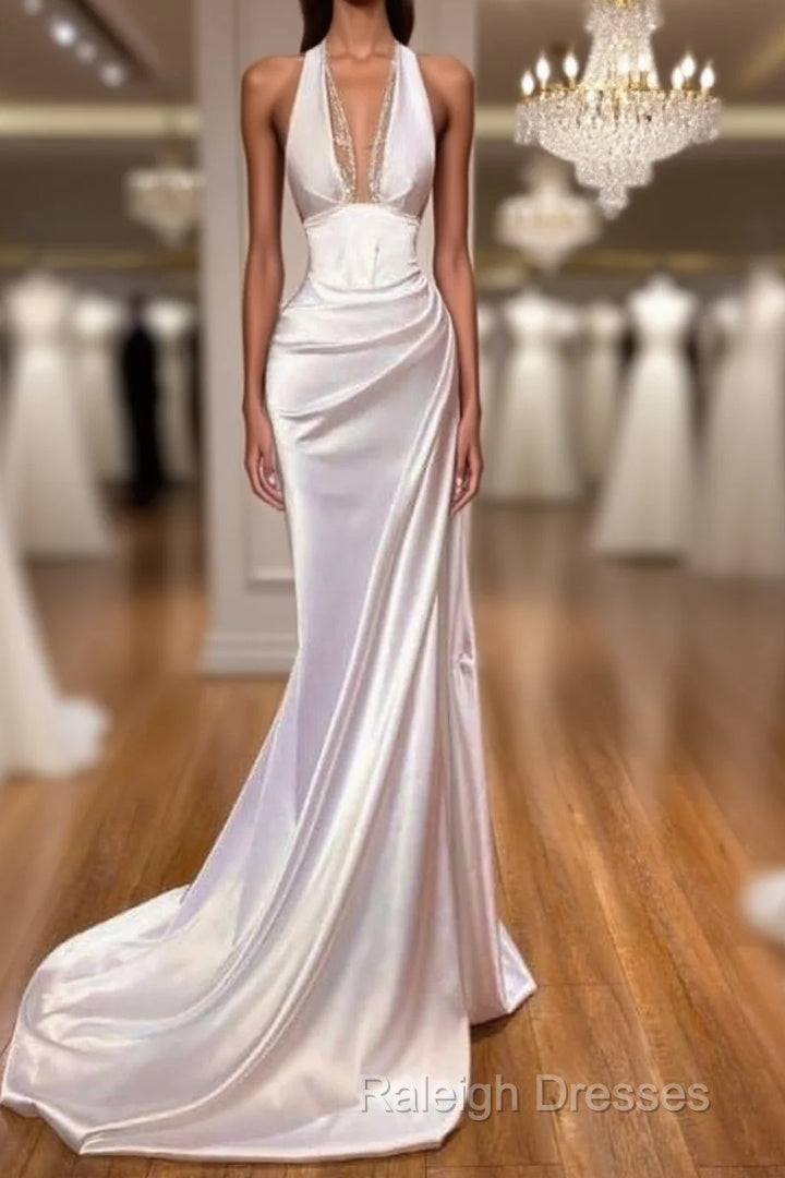 Sexy Halter V-Neck Mermaid Prom Dress Ruffle Satin Long Party Dress Main image