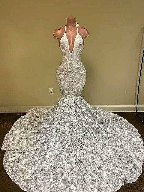 Sexy Hater Deep V-Neck Backless Ivory Prom Dress with Flowers Bottom