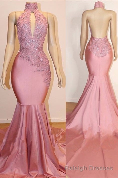 Sexy High Collar Mermaid Prom Dress Sequins Pink Long Backless Main image