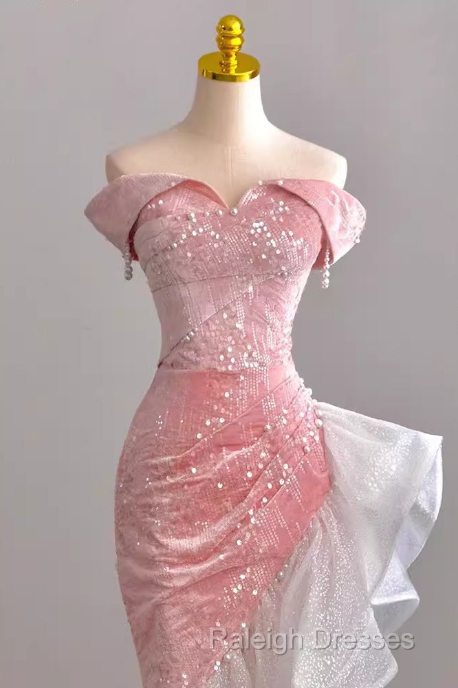 Sexy High Low Off The Shoulder Pink Velvet Prom Dress Secondary image