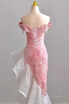 Sexy High Low Off The Shoulder Pink Velvet Prom Dress