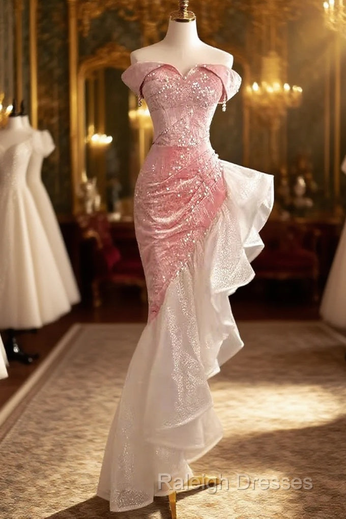 Sexy High Low Off The Shoulder Pink Velvet Prom Dress