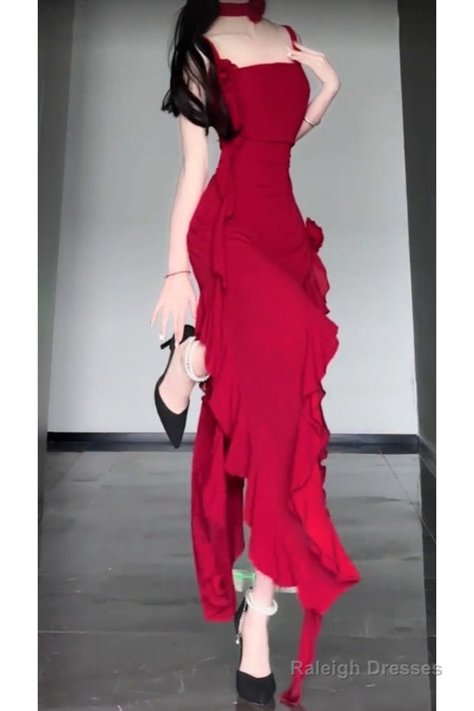 High Low Spaghetti Straps Christmas Dresses Red Prom Dress Birthday Outfits