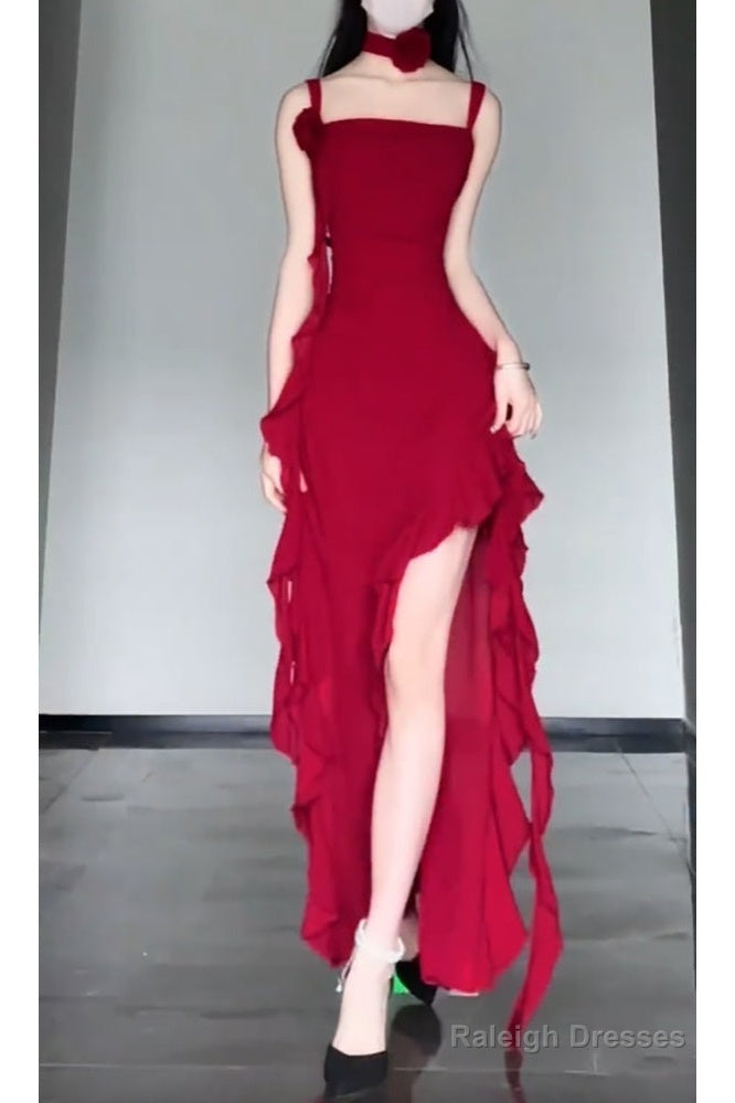 High Low Spaghetti Straps Christmas Dresses Red Prom Dress Birthday Outfits