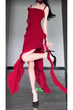 High Low Spaghetti Straps Christmas Dresses Red Prom Dress Birthday Outfits