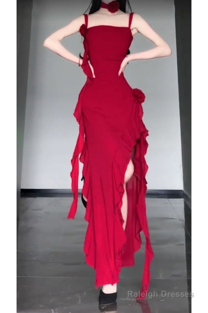 High Low Spaghetti Straps Christmas Dresses Red Prom Dress Birthday Outfits