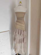 High Low Strapless Champagne Chiffon Ruffles Vacation Dresses Women Dress