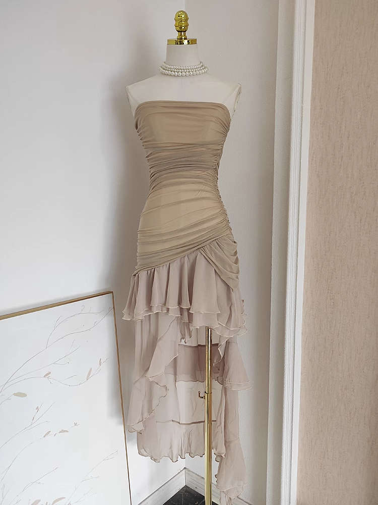 High Low Strapless Champagne Chiffon Ruffles Vacation Dresses Women Dress
