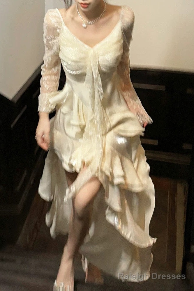 Sexy High Low V Neckline White Lace Ruffles Long Evening Dress Lace Prom Dresses