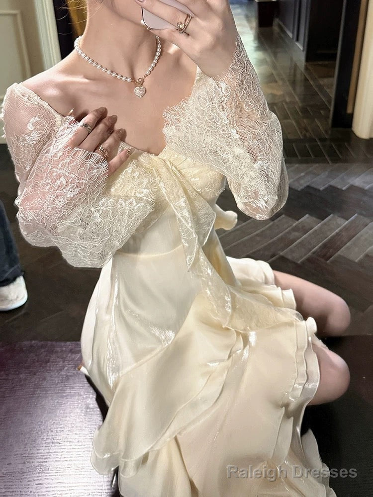 High Low V Neckline White Lace Ruffles Long Prom Dresses Lace Prom Dress