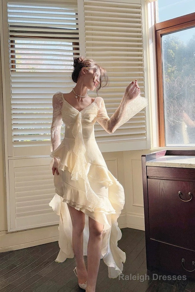 Sexy High Low V Neckline White Lace Ruffles Long Evening Dress Lace Prom Dresses Main image